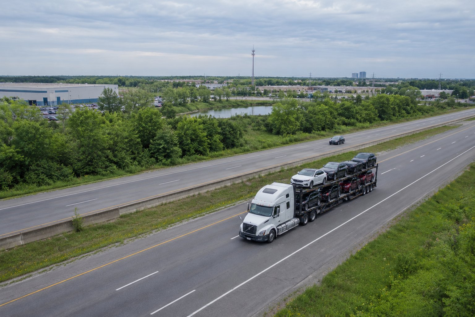 Camion transporteur de véhicules sur une autoroute canadienne