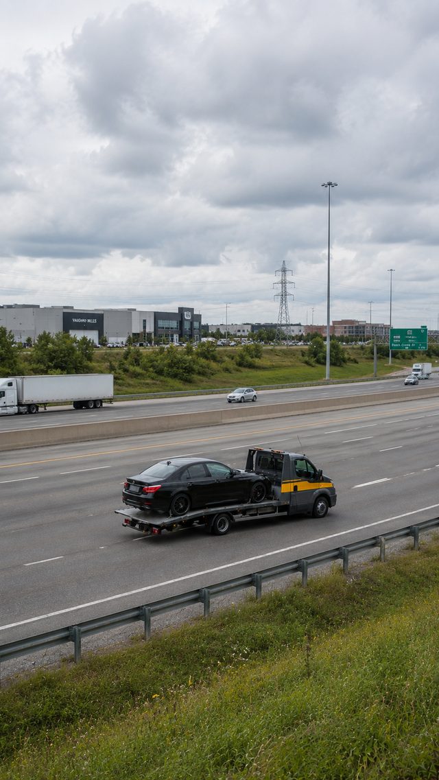 Dépanneuse à plateau transportant une berline noire sur une autoroute canadienne près de Vaughan Mills