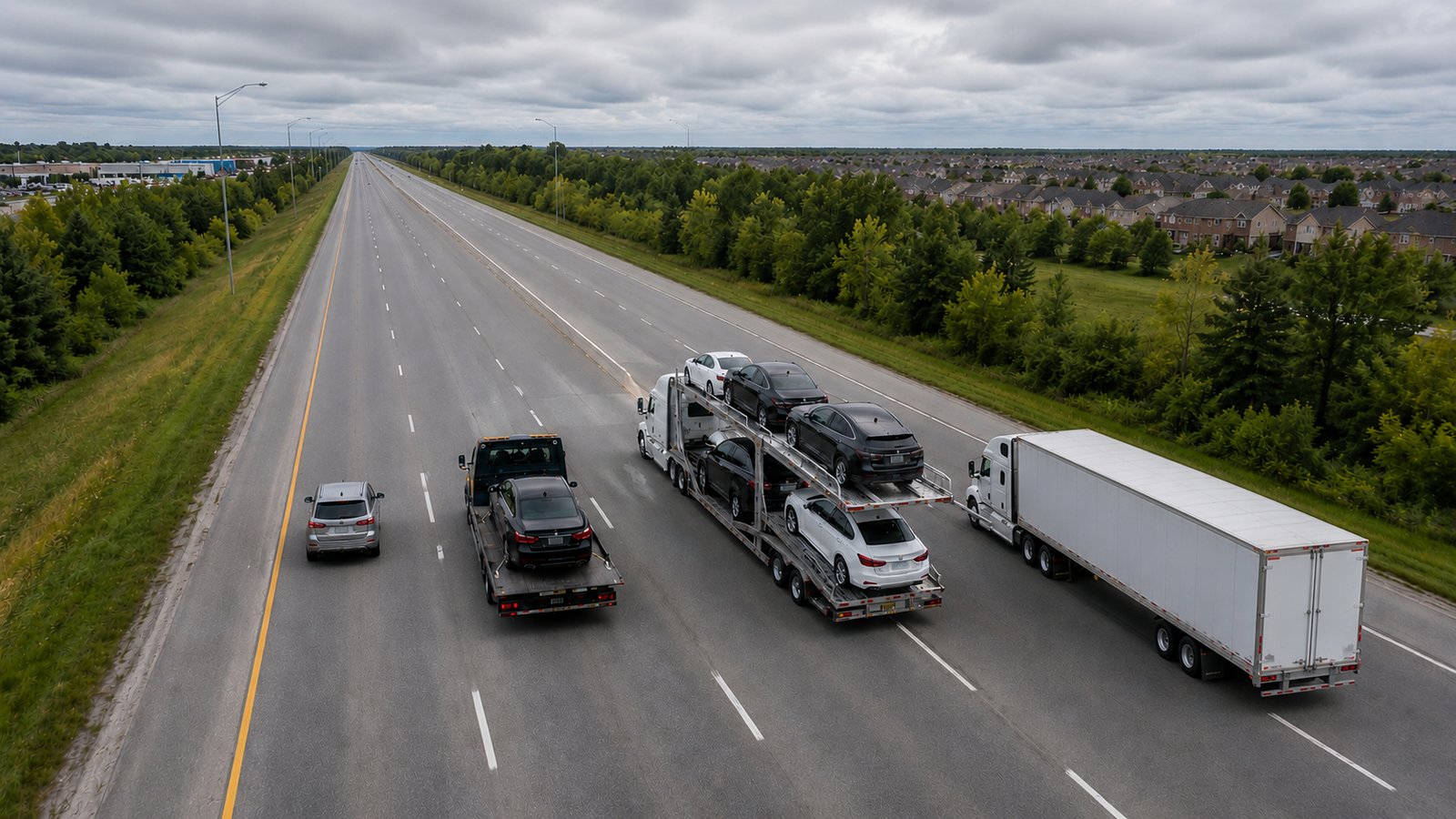 Les quatre types de transport de véhicules — convoyage, plateau, remorque et transport fermé — roulant côte à côte sur une autoroute canadienne
