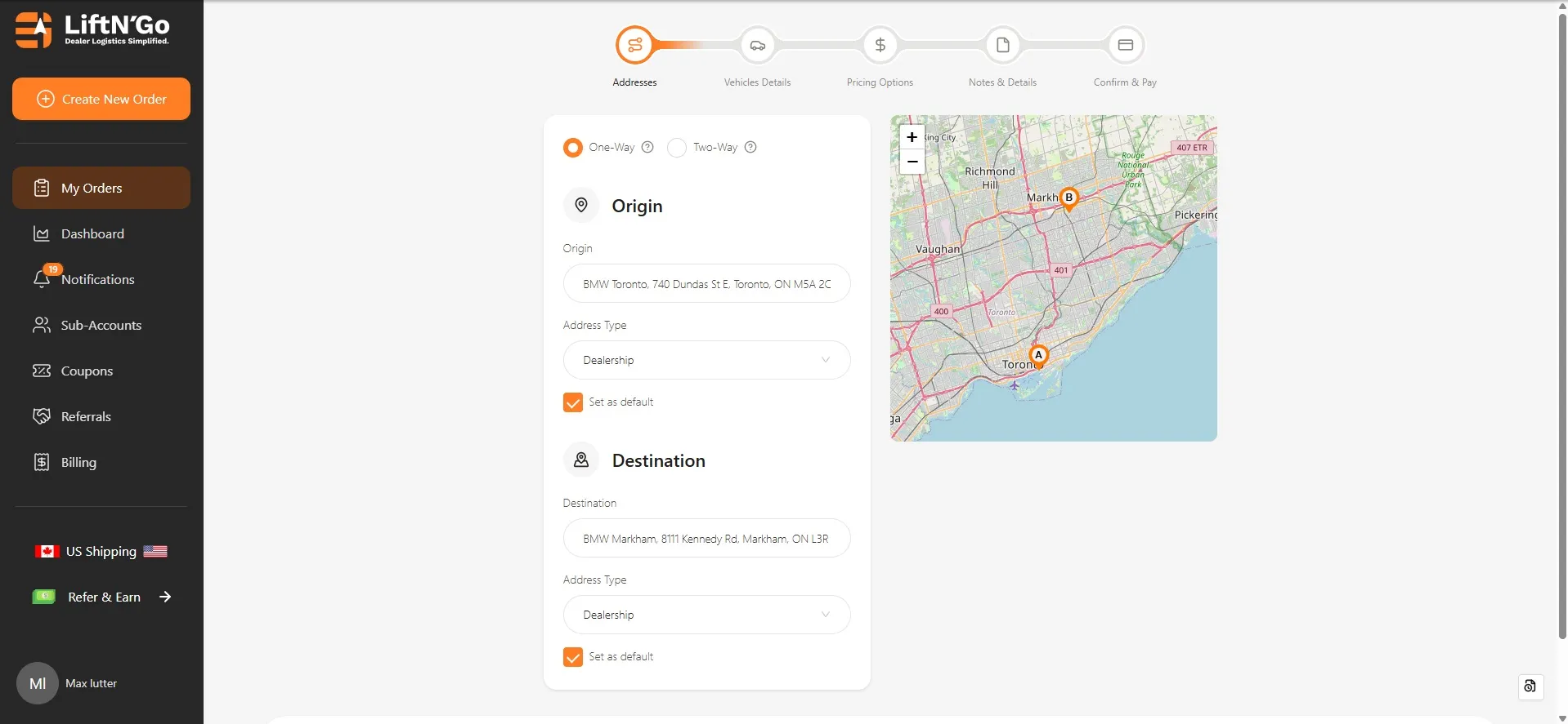 Select pickup and drop-off addresses on the map
