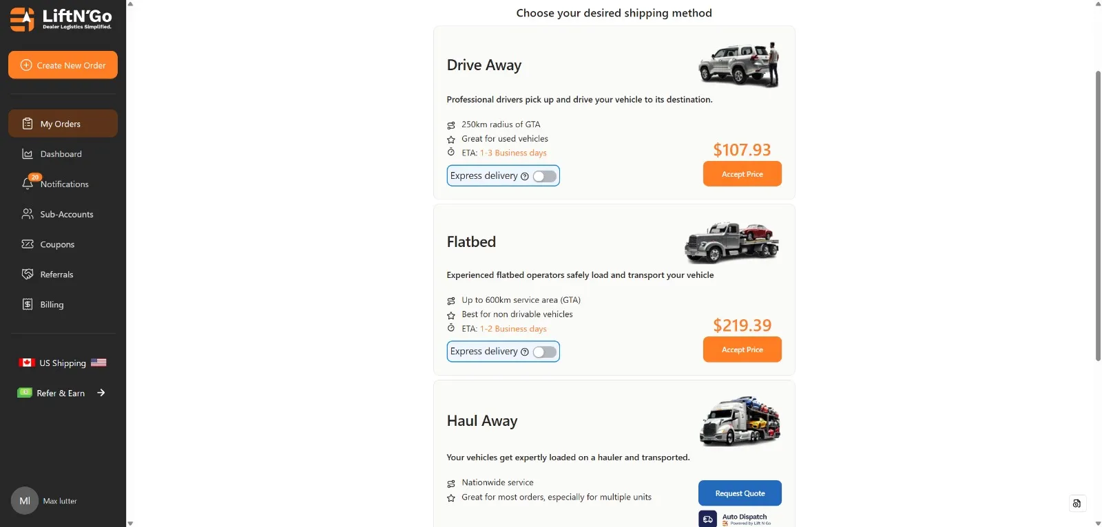 Choose your desired shipping method